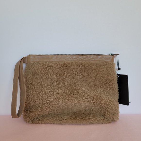 VIAVENETO Delilah Curly Lambskin Shearling Large Pouch/Wristlet- Camel color - Picture 6 of 16